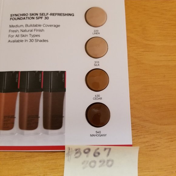 ✅3967 NEW Siseido Sample Card 4 Synchro Skin Self Refreshing Foundation SPF 20 - Picture 6 of 7